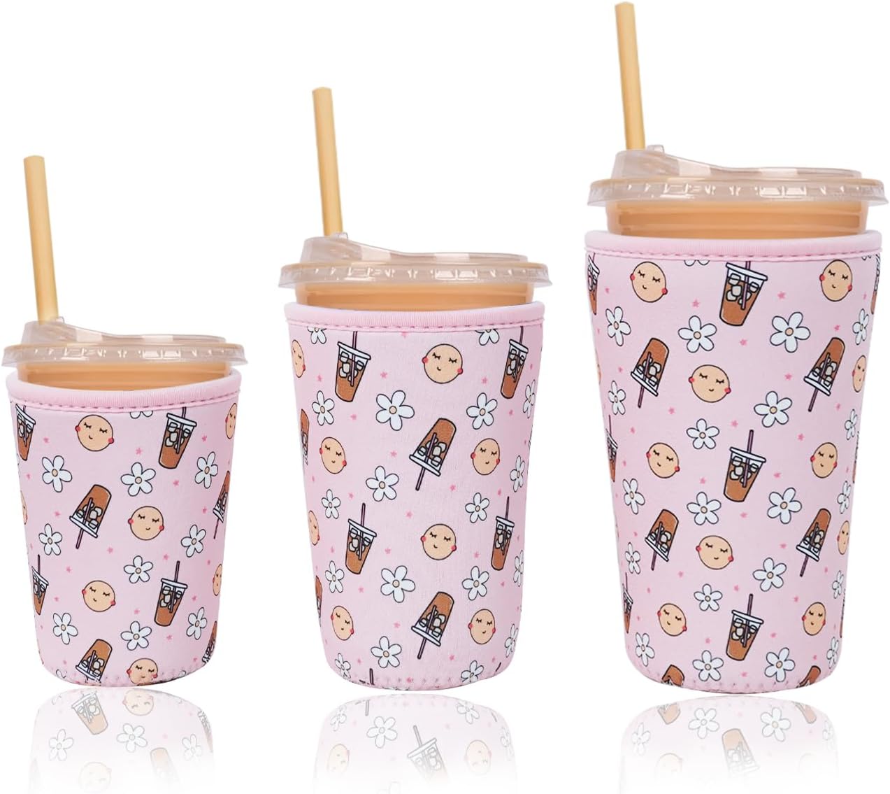 Reusable Insulated Neoprene Iced Coffee Cup Sleeve, Durable Drink Sleeve for Cold Beverages, Beverage Holder for Iced Coffee, Floral Checkers