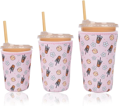 Reusable Insulated Neoprene Iced Coffee Cup Sleeve, Durable Drink Sleeve for Cold Beverages, Beverage Holder for Iced Coffee, Floral Checkers