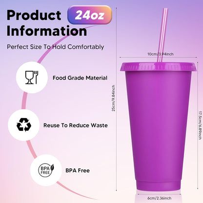 24 Pack Plastic Tumblers with Lids and Straw, Reusable Cups with Lids and Straws Colorful Cups for Cold Drink Iced Coffee, Plastic Tumbler Bulk for Party Birthday Gifts (24 oz, Stylish Colors)