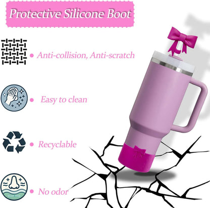 Bow Silicone Protective for Stanley Boot for 20/30/40Oz, 2 Pack for Stanley Cup Accessories Compatible 12-24Oz for Hydroflask Boot and More (Pink Set)
