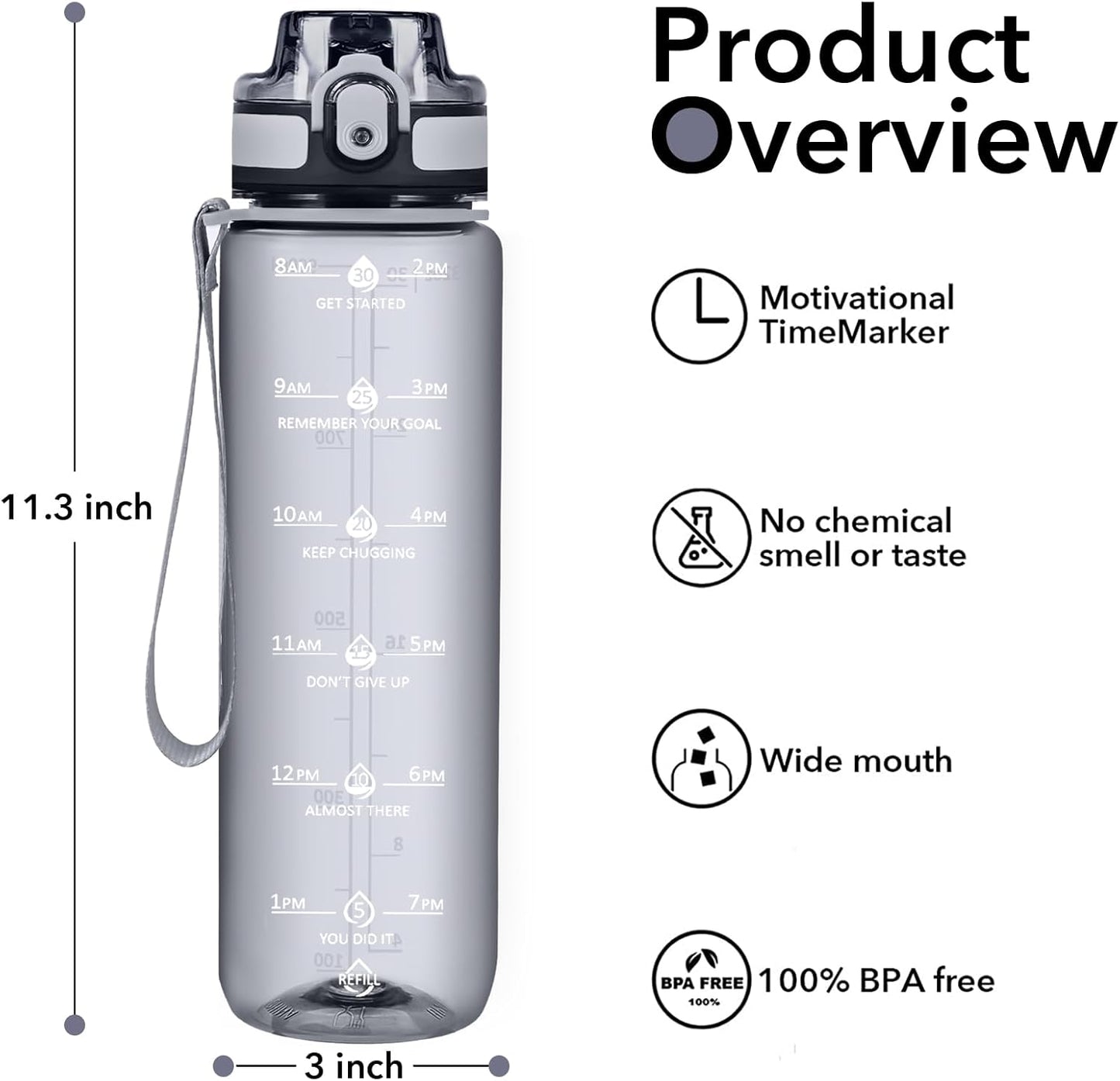 32oz Water Bottle with Time Marker, Motivational Drinking Bottle with Strap, BPA-Free Leak-Proof, Encouraging Water Bottle Time to Drink Water for Gym School Office Travel