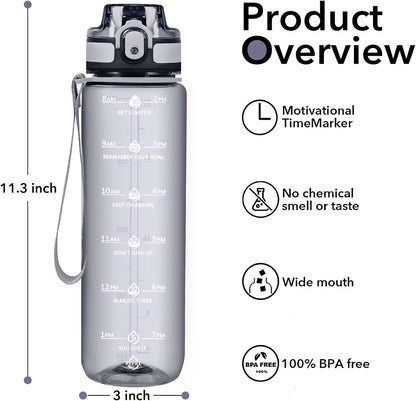 32oz Water Bottle with Time Marker, Motivational Drinking Bottle with Strap, BPA-Free Leak-Proof, Encouraging Water Bottle Time to Drink Water for Gym School Office Travel