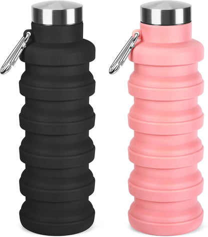 Collapsible Water Bottle, 16oz Portable Reusable Silicone Water Bottle, BPA-Free Leak-Proof Foldable Design with Carabiner, Lightweight Durable for Gym, Travel, Camping, Hiking, Sports, Black