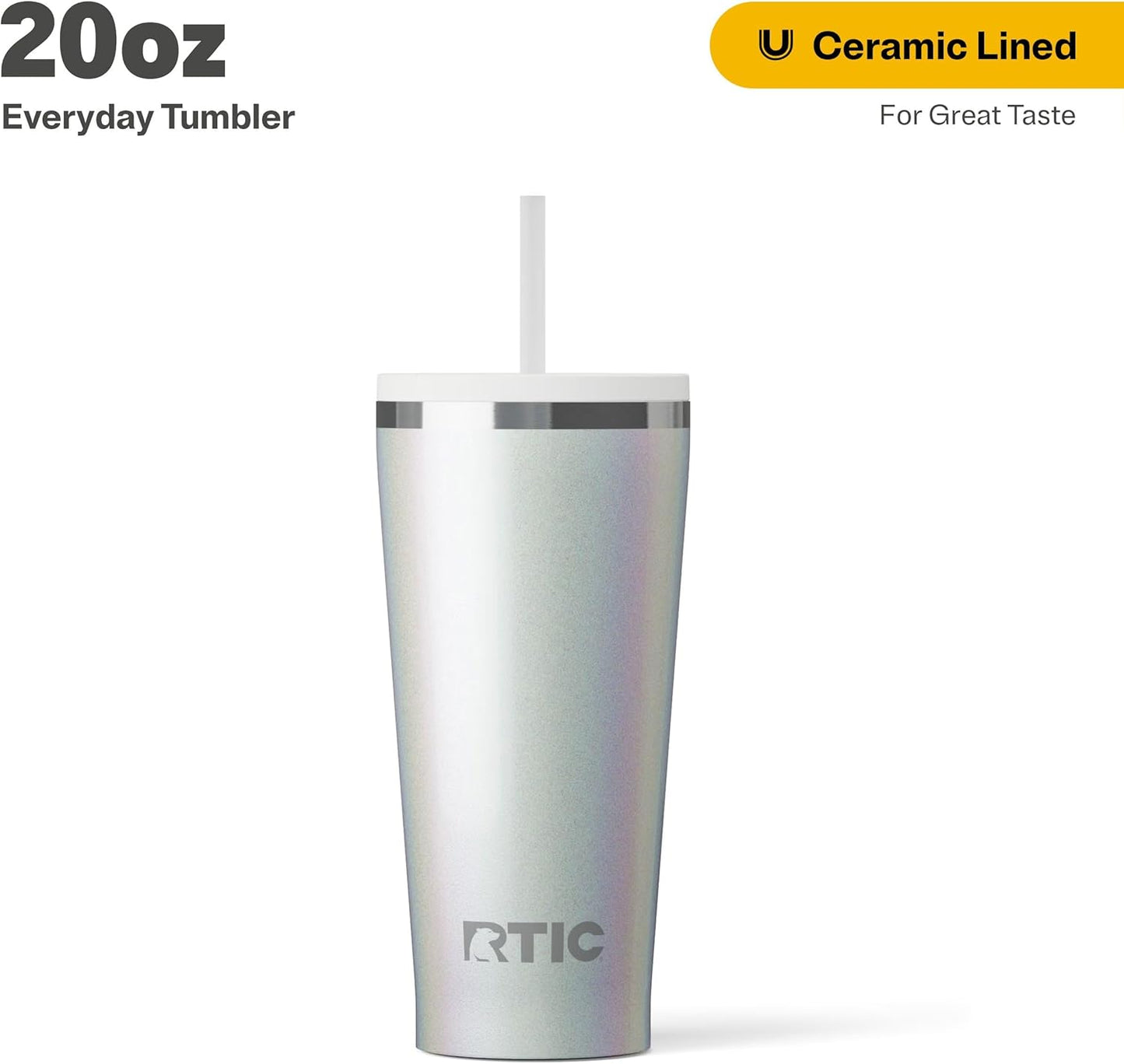 RTIC 20oz Everyday Tumbler Insulated Stainless Steel Portable Travel Coffee Cup with Straw, Ceramic Lining, Spill-Resistant Lid, BPA-Free, Hot and Cold Drink, Beach