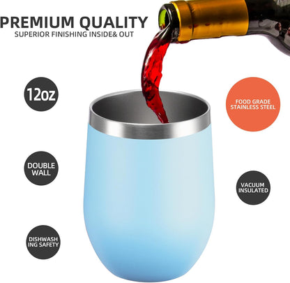 12 oz Insulated Wine Tumbler with Lid and Straw,Stainless Steel Stemless Wine Tumbler Glasses Double Wall Vacuum Wine Cups Tumbler for Coffee,Champaign,Cocktail,Office（Silver,1）
