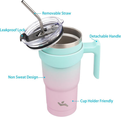 Konokyo 20 oz Tumbler with Handle and 2 Straw 2 Lid, Insulated Water Bottle Stainless Steel Vacuum Cup Reusable Travel Mug,Black