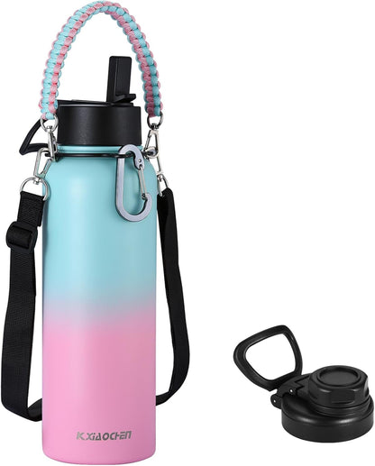 KXIAOCHEN Insulated Water Bottle With Strap, Cold For 48 Hrs Leak Proof, Triple Wall Stainless Steel Sports Water Bottle With Straw And Spout Lid For Gym Hiking Travel