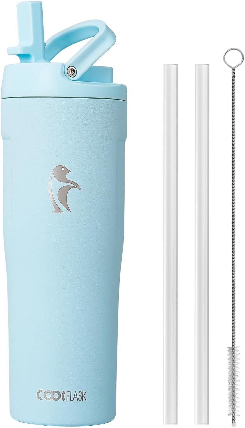 Coolflask Water Bottle 40 oz Fits Car Cup Holder, Slim Tumbler Stainless Steel with Straw & Handle, Vacuum Flask Leakproof Wide Mouth for Travel Sports Gym, Black