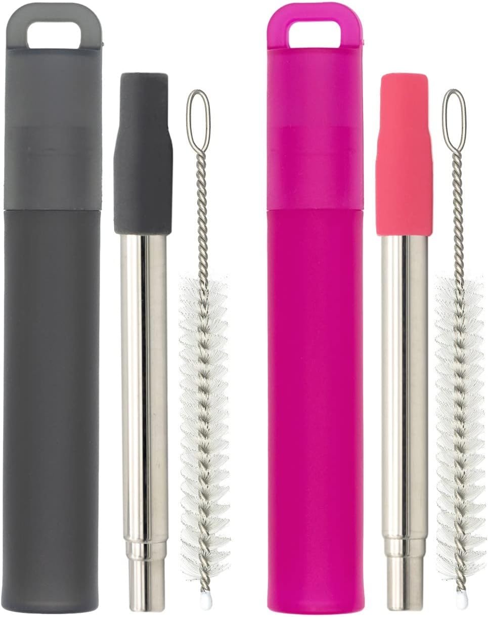 NAIVELY-Metal Reusable Straws 3 Pack Collapsible Portable Stainless Steel Drinking Straw Telescopic Travel Straw, with Case and Cleaning Brush Foldable Pocket Straws