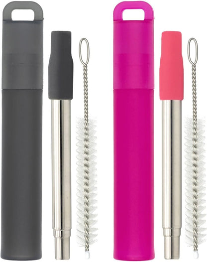NAIVELY-Metal Reusable Straws 3 Pack Collapsible Portable Stainless Steel Drinking Straw Telescopic Travel Straw, with Case and Cleaning Brush Foldable Pocket Straws