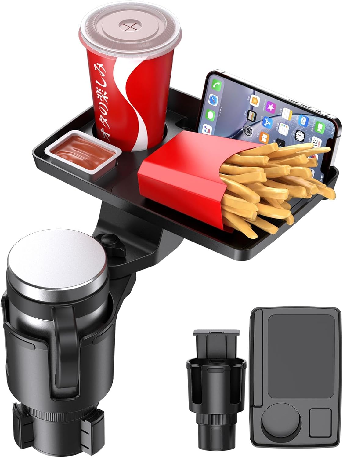 Car Cup Holder Tray, 5 in 1 Adjustable Car Cup Holder Expander Detachable Car Food Tray & Organizer – Automotive Cup Tray Table 9.8”with 360° Rotation with Phone Mount, Fit in 2.6"-3.9" Car Holder