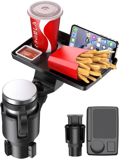 Car Cup Holder Tray, 5 in 1 Adjustable Car Cup Holder Expander Detachable Car Food Tray & Organizer – Automotive Cup Tray Table 9.8”with 360° Rotation with Phone Mount, Fit in 2.6"-3.9" Car Holder