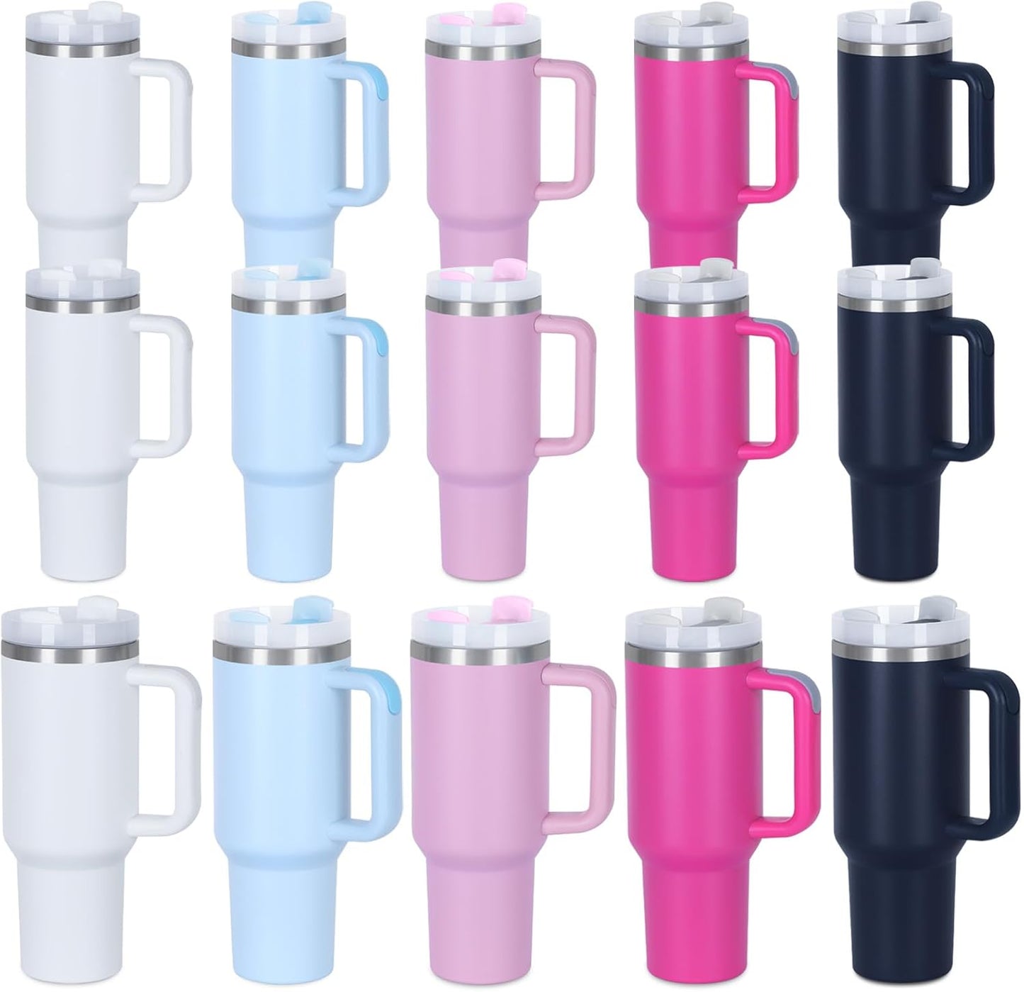 15 Pack 40 Oz Tumbler with Handle and Straw Bulk, 40 Oz Tumbler Stainless Steel Vacuum Insulation Keep Hot and Cold, 40 Oz Travel Coffee Mug with Silicone Spill Proof Stopper Set, Individually Boxed