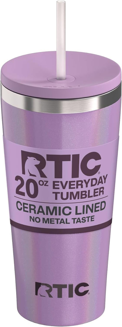 RTIC 20oz Everyday Tumbler Insulated Stainless Steel Portable Travel Coffee Cup with Straw, Ceramic Lining, Spill-Resistant Lid, BPA-Free, Hot and Cold Drink, Beach