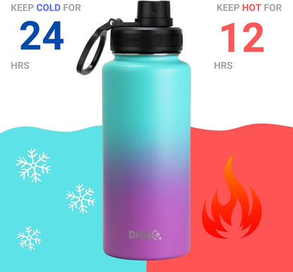 Drinco Stainless Steel Water Bottle Spout Lid Vacuum Insulated Double Wall Water Bottle Wide Mouth (40oz 32oz 22oz 18oz 14oz) Leak Proof Keep Cold Sport Camping Hiking (22 oz, 22oz Black)