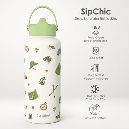 SANDJEST Pickleball Gift for Women, Water Bottle Stainless Steel 32oz with Lid & Straw, Sport Insulated Bottles Gifts for Girls Friends Teens Birthday Christmas