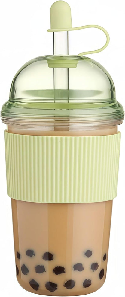Reusable Ices Coffee Cups with Lids and Straws 17oz, Boba Cup with Straw, Tumbler with Silicone Sleeve for Cold Drinks, Iced Coffee, Bubble Tea Green