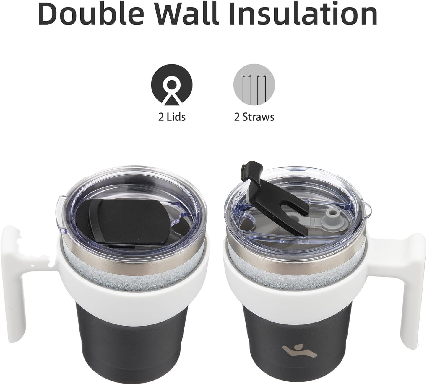 Konokyo 20 oz Tumbler with Handle and 2 Straw 2 Lid, Insulated Water Bottle Stainless Steel Vacuum Cup Reusable Travel Mug,Black