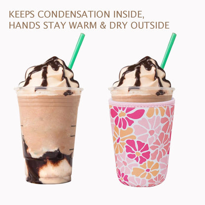 Reusable Insulated Neoprene Iced Coffee Cup Sleeve, Durable Drink Sleeve for Cold Beverages, Beverage Holder for Iced Coffee, Floral Checkers