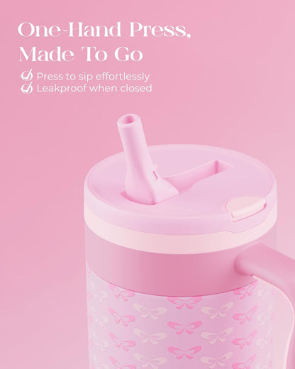 40 oz Insulated Tumbler with Handle and Push-Button Straw Lid, Stainless Steel Travel Cup for Gym Office, Leakproof, BPA-Free, Cup Holder Friendly, Bow Silicone Boot, Purple (Light Lilac)