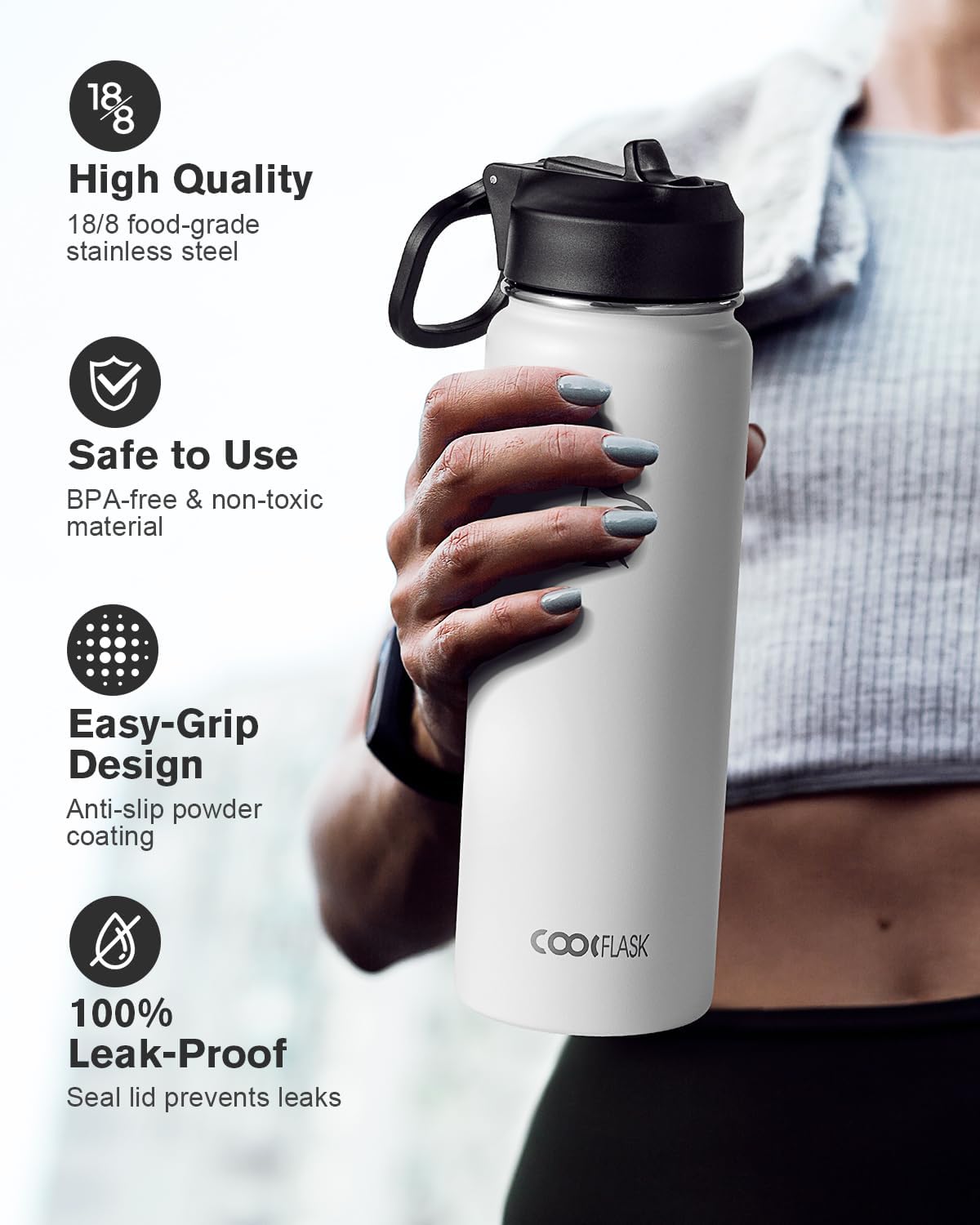 Half Gallon Water Bottle Insulated with Straw & 3 Lids, Coolflask 64 oz Water Jug Large Metal Stainless Steel Wide Mouth for Sports, Gym or Office, Non-BPA Keep Cold 48H Hot 24H, Samurai Cyan