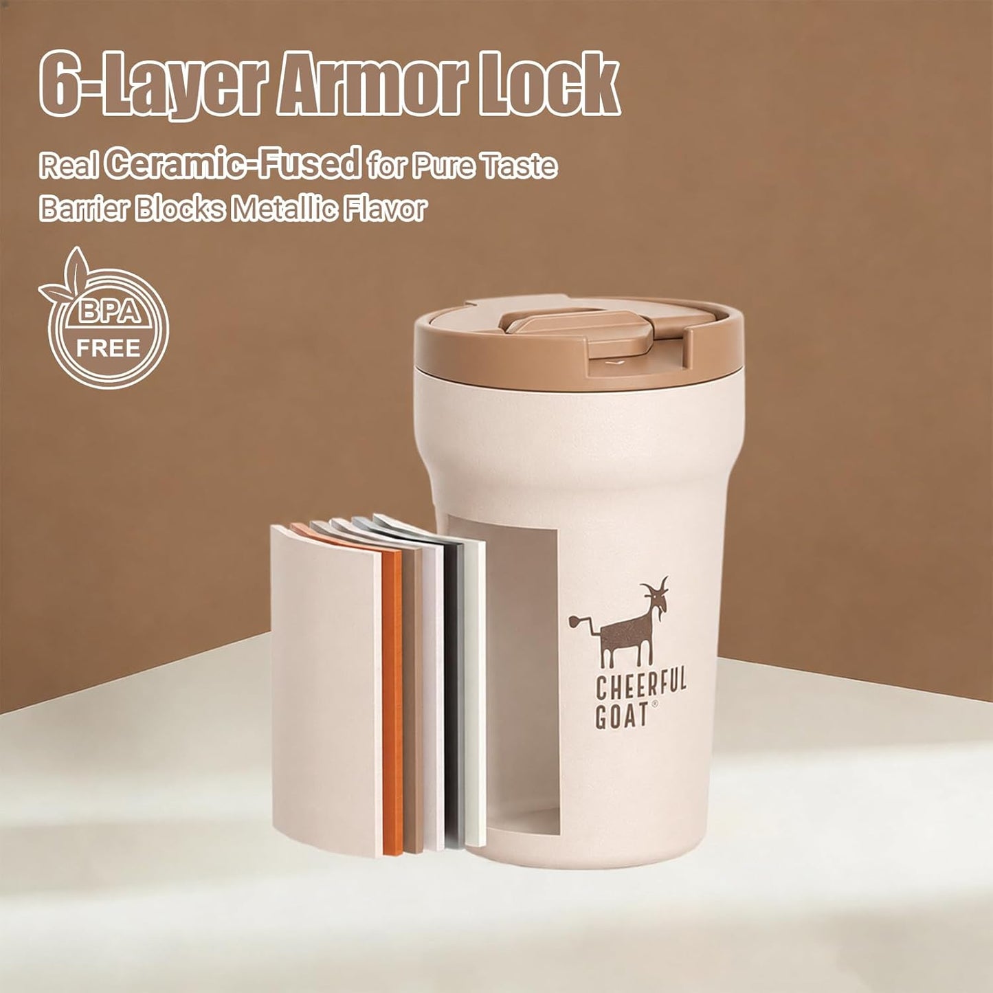 CHEERFUL GOAT Insulated Coffee Mug – Stainless Steel Travel Coffee Tumbler with Ceramic Liner, 12oz Coffee Cup for Hot and Cold Water Coffee at Home, Office, or On the Go (orange)