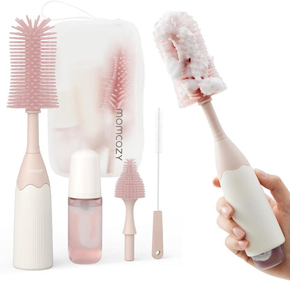 Momcozy Bottle Brush Kit with Push-Press Foam Design - Newborn Essentials Gift, Portable Cleaning Tool for Home & Travel, Baby Bottle Cleaner Brush for Breast Pumps & Nipples, Green