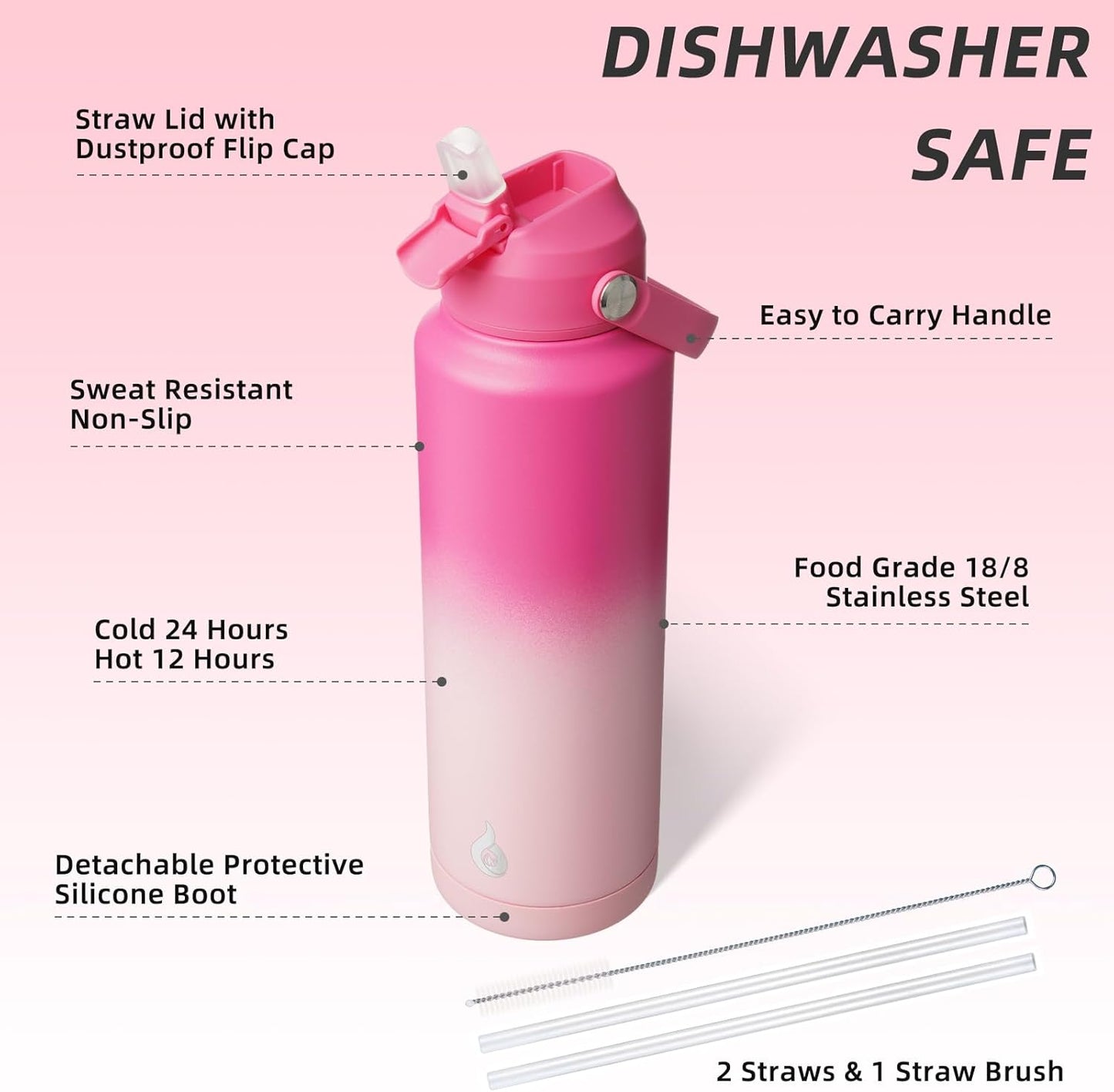BJPKPK Insulated Water Bottle with Straw Lid, 18oz Thermo Water Bottles with Soft Nozzle, Flex Handle & Non-slip Boot, BPA Free Leak Proof Stainless Steel Metal Thermo, Tumblers, Cups,Sea Salt