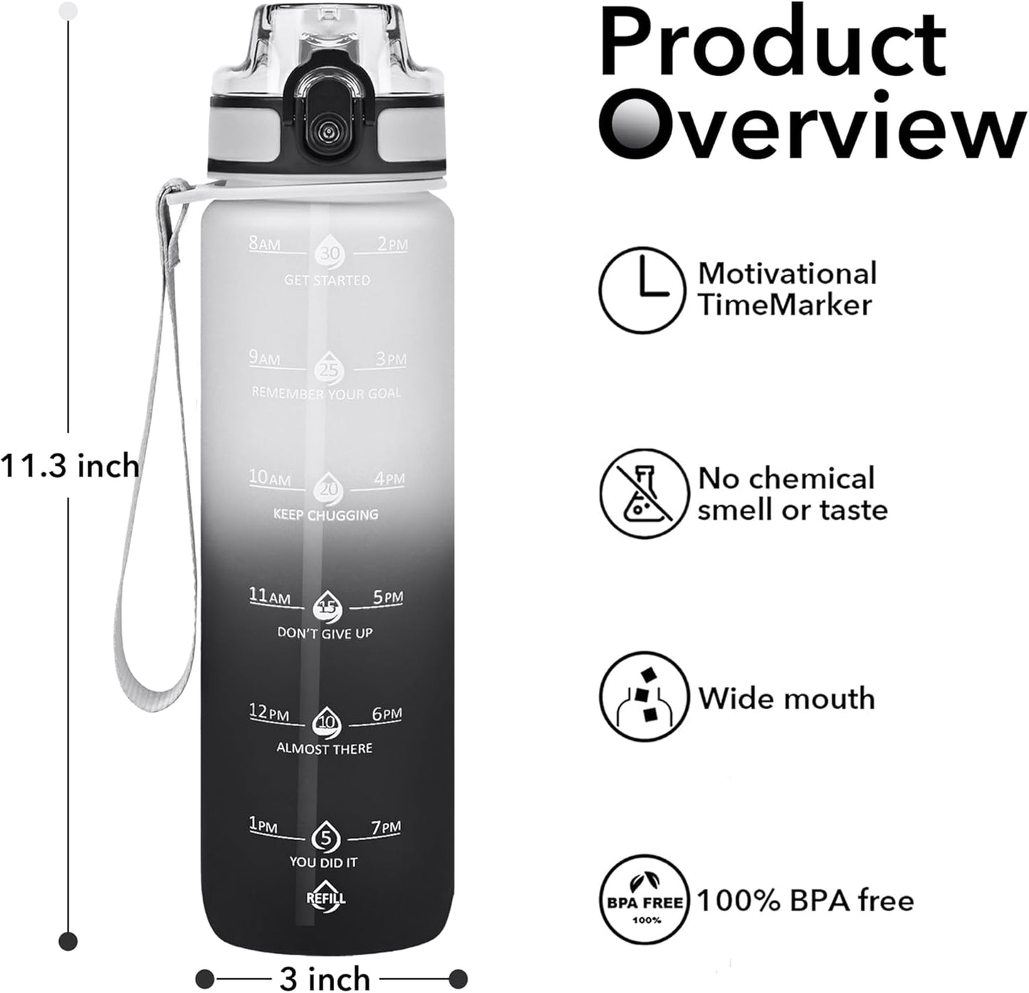 32oz Water Bottle with Time Marker, Motivational Drinking Bottle with Strap, BPA-Free Leak-Proof, Encouraging Water Bottle Time to Drink Water for Gym School Office Travel