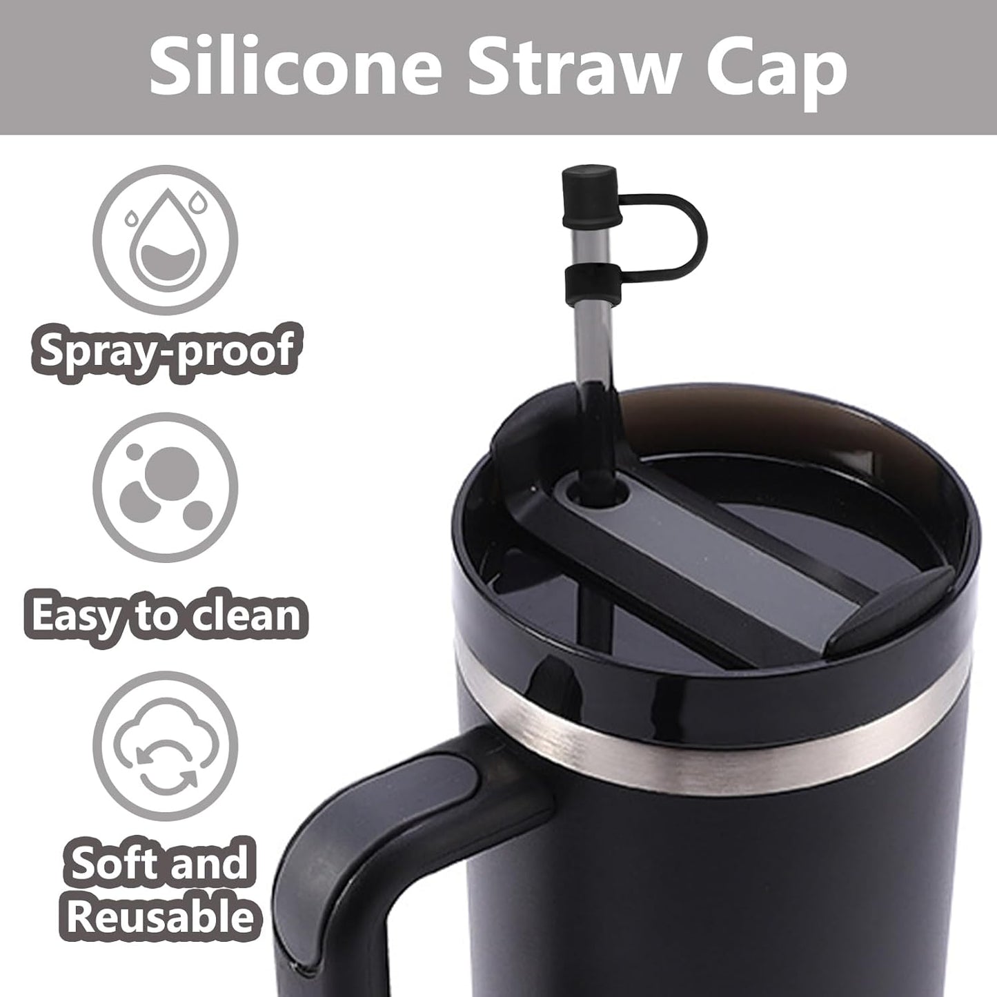 6PCS Silicone Straw Covers Cap Compatible with Stanley Cup 30-40 oz Tumbler with Handle 10mm Straw Toppers，Dust-Proof Reusable Straw Cover for Stanley Cup Accessories (Black)