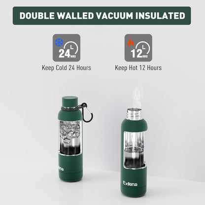 Exllena Slim Insulated Water Bottles for Travel 18oz with Clip, Double Wall Vacuum Stainless Steel Water Bottle Keeps Drinks Cold 24 Hrs/Hot 12 Hrs, 100% Leakproof, BPA Free(Black)