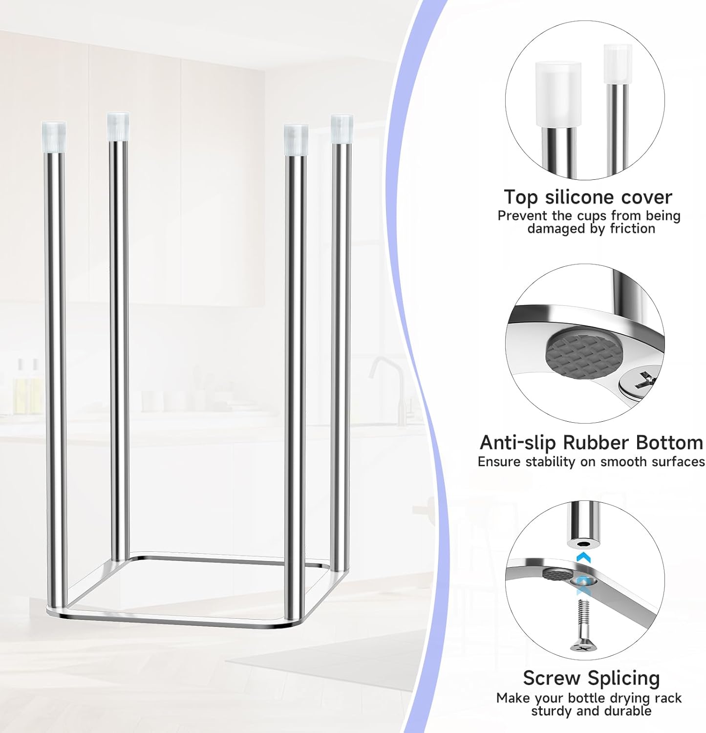 Water Bottle Drying Rack Reusable Bottle Rack Dryer Kitchen Stand Holder Metal Countertop Baby Bottle Drying Rack Water Cup Drying Rack for Plastic Bags, Bottles and Cups (Sliver, Small)