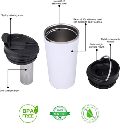 GiNT 17oz Travel Tea Mug with Infuser, 2 Lids. Vacuum Insulated 316 Stainless Steel Coffee Mug. Dishwasher Safe Tea Cup with Strainer for Hot & Cold Brew Coffee. Mothers Day Gifts for Mom (White)