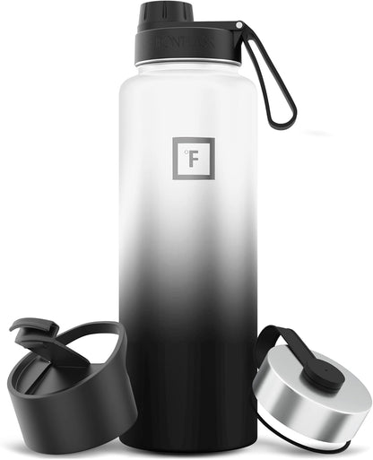 IRON °FLASK Camping & Hiking Hydration Flask with Straw, Wide Mouth Insulated Stainless Steel Sports Water Bottle - 40 oz Midnight Black