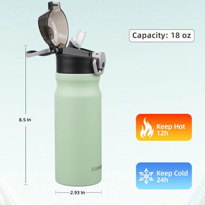 Konokyo 18 oz Insulated Water Bottle with Straw Lid, Stainless Steel Vacuum Sports Water Bottle, Leak-Proof Reusable Metal Flask with Carry Loop, BPA-Free Travel Bottle for Gym, School, Office