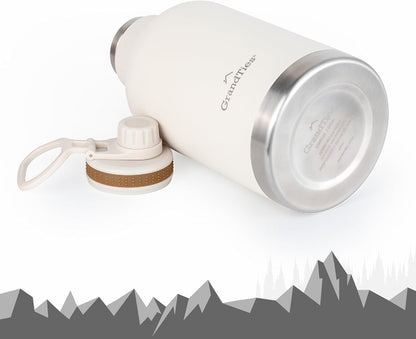 GRANDTIES 2 Lids Sports Stainless Steel Water Bottles – Wide Mouth Vacuum Insulated Reusable Leak Proof BPA-Free Travel Metal Canteen, Thermal Bottles for Men Women Gym (Ivory White 32 oz)
