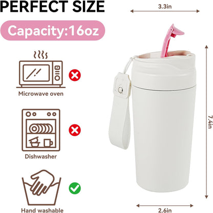 16oz Ceramic Travel Mug with Lid- 100% Real Ceramic Liner (No Coating), Heat-Resistant Outer Wall, Leak-Proof Lid with Detachable Strap, Fits Car Cup Holder