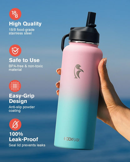 Half Gallon Water Bottle Insulated with Straw & 3 Lids, Coolflask 64 oz Water Jug Large Metal Stainless Steel Wide Mouth for Sports, Gym or Office, Non-BPA Keep Cold 48H Hot 24H, Samurai Cyan