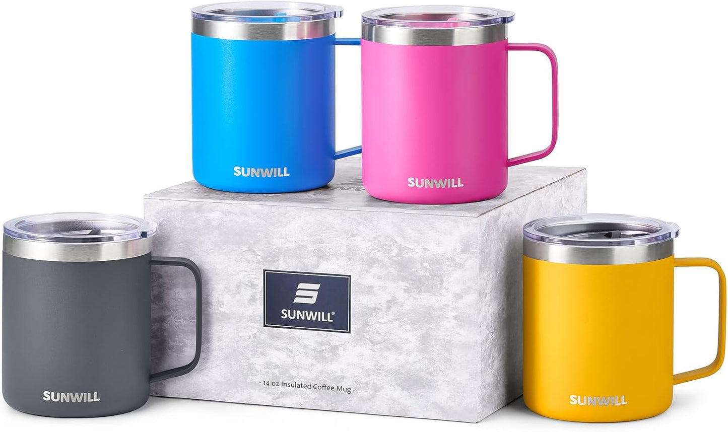 SUNWILL Travel Coffee Mug with Lid, Insulated Tumbler with Handle, 14 oz Stainless Steel Cup for Ice, Water, Tea, Rose Gold