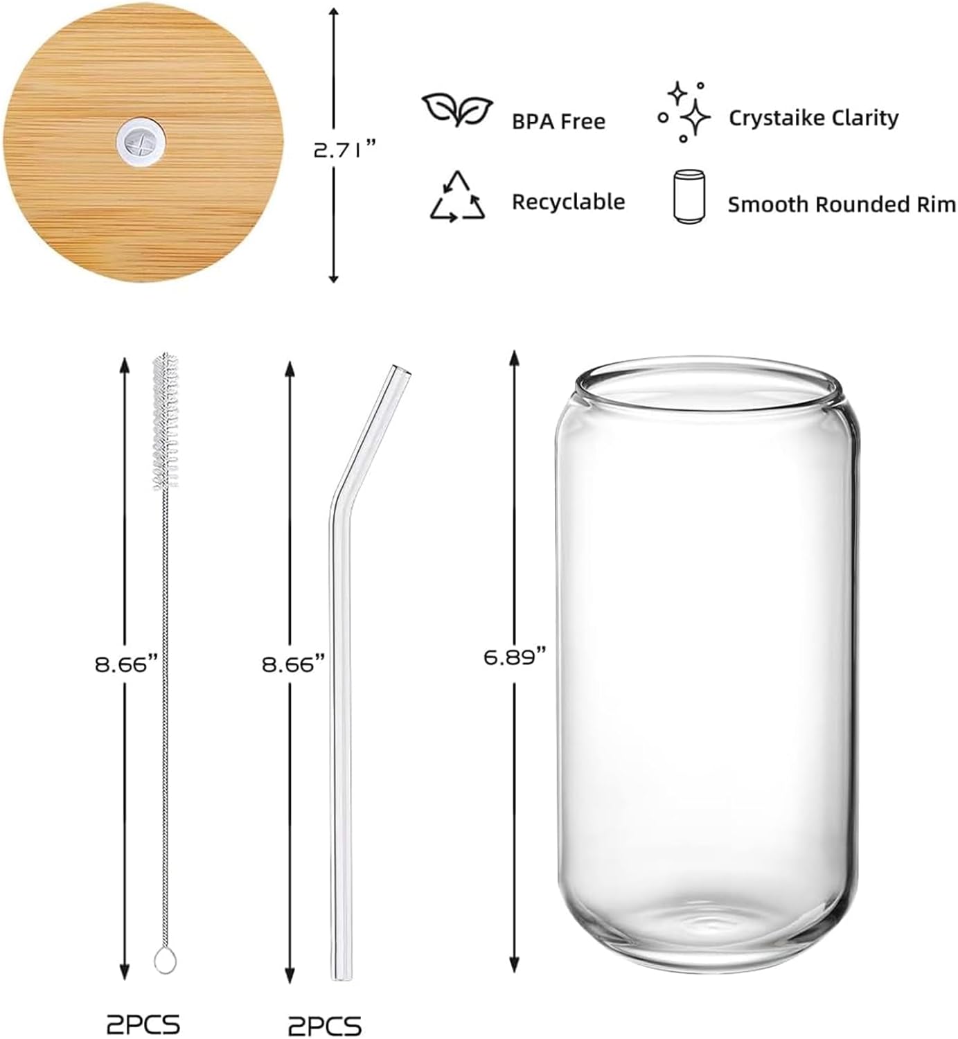 Glass Cups with Lids and Straws 1Pack,Glass Coffee Cups,Glass Cup with Lid for Iced Coffee,Smoothie,Cocktail,Beer,Whiskey,Soda,Matcha,16 Oz Glass Cup with Bamboo Lid,1 Brush