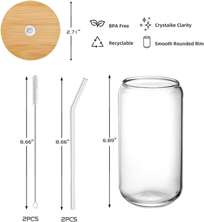 Glass Cups with Lids and Straws 1Pack,Glass Coffee Cups,Glass Cup with Lid for Iced Coffee,Smoothie,Cocktail,Beer,Whiskey,Soda,Matcha,16 Oz Glass Cup with Bamboo Lid,1 Brush