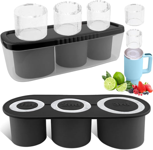 Fu Store Ice Cube Tray for Tumbler Cup 30-40 oz, 3pcs Silicone Ice Cube Molds With Lid and Bin for Chilling Cocktails Whiskey Drinks Juice Coffee Easy Fill and Release Ice Maker (Black, 40 oz)