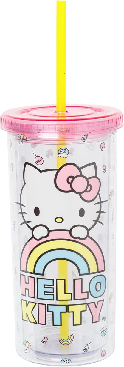 Silver Buffalo Sanrio Hello Kitty Milk Carton Pattern Plastic Boba Tumbler w Lid and Wide Straw, 24 Ounces
