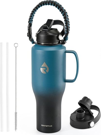 RAYMYLO 40 oz Insulated Water Bottle with Straw fit in Car Cup Holder, Triple Wall Vacuum Stainless Steel(Cold 48 hrs, Hot 24 hrs), Leakproof & Non-BPA, Hydro Travel Flask with Straw and Spout Lid