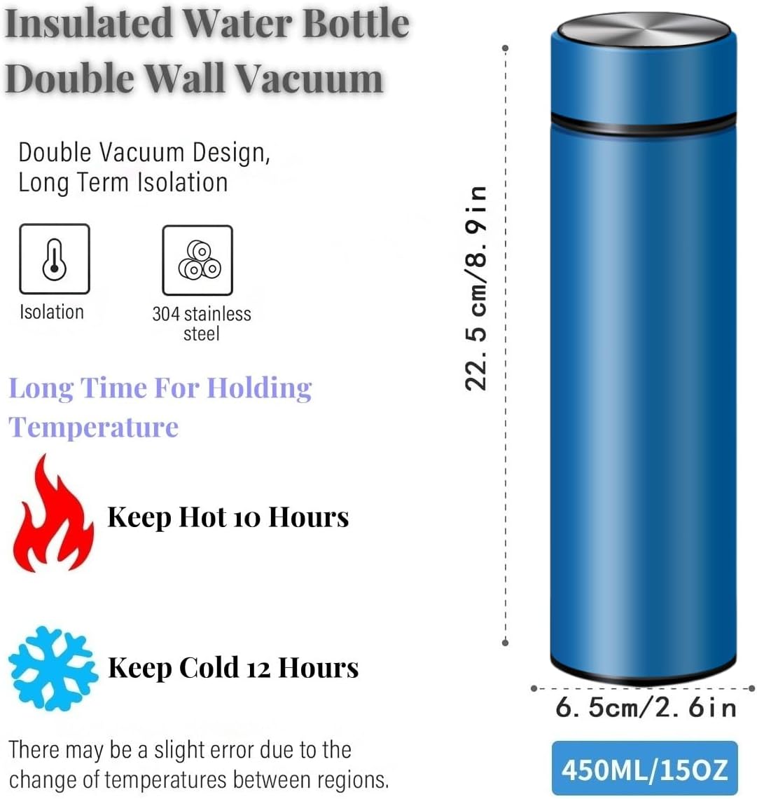 Insulated Water Bottles- Vacuum Tumbler for Coffee, Tea and Drinks with Stainless Steel Infuser - 15 oz Tea Thermo Travel Bottle/Keeps Drinks Hot or Cold for Hours/Gift Packing (Silver)