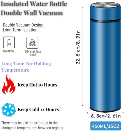 Insulated Water Bottles- Vacuum Tumbler for Coffee, Tea and Drinks with Stainless Steel Infuser - 15 oz Tea Thermo Travel Bottle/Keeps Drinks Hot or Cold for Hours/Gift Packing (Silver)