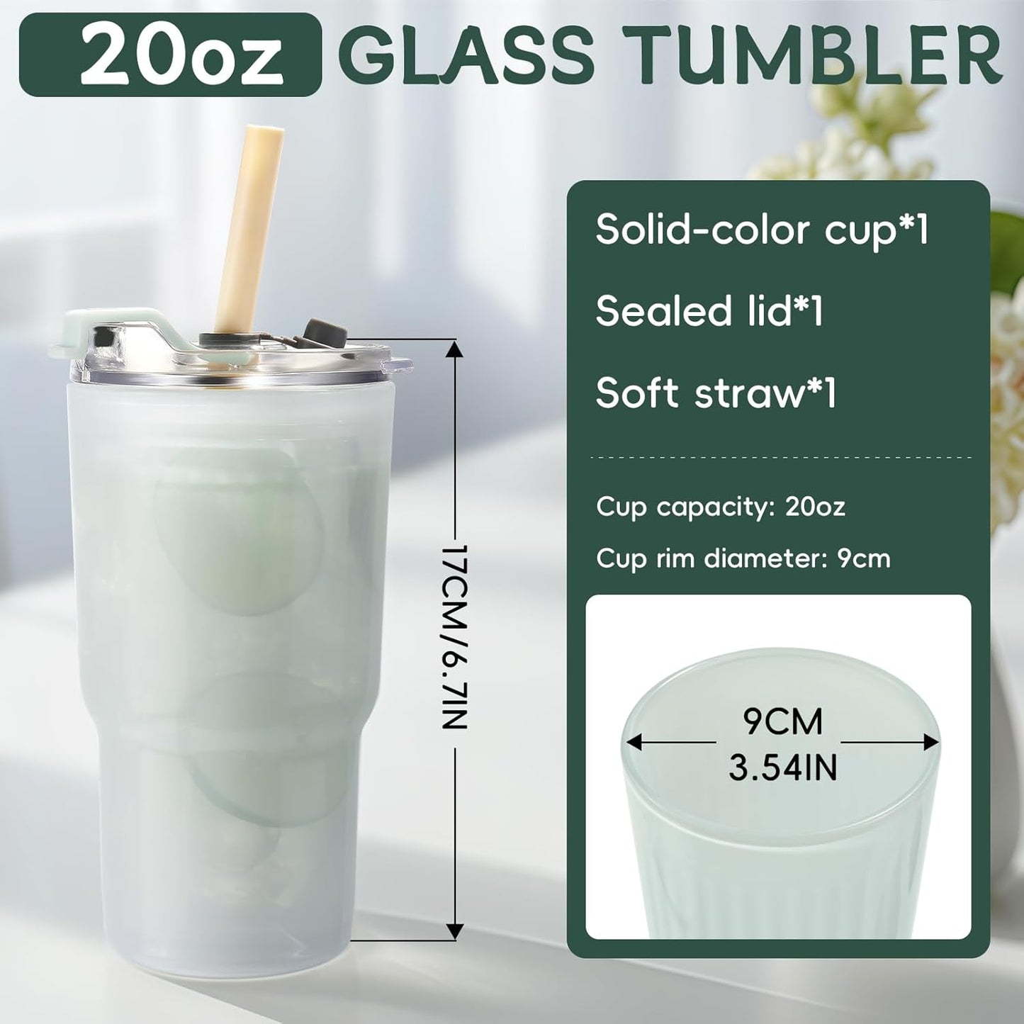 Iced Coffee Cups with Lids: Coffee Bar Accessories - Ribbed Glass Tumbler with Straw and Lid 4Pcs - 20oz Leak Proof Tumbler - Reusable Glass Cups and Tumblers with Lid and Straws for To Go Iced Coffee