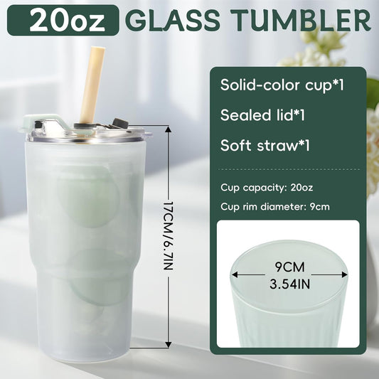 Iced Coffee Cups with Lids: Coffee Bar Accessories - Ribbed Glass Tumbler with Straw and Lid 4Pcs - 20oz Leak Proof Tumbler - Reusable Glass Cups and Tumblers with Lid and Straws for To Go Iced Coffee