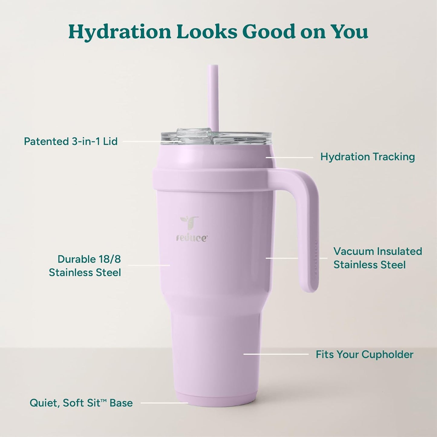 REDUCE 24 oz Stainless Steel Tumbler with Handle - Dual-Wall Vacuum Insulated Travel Mug, Sweat-Proof Lid & Reusable Straw - Keeps Drinks Cold for 24 Hrs, Fits Cupholders, Dishwasher Safe - Lilac Bud