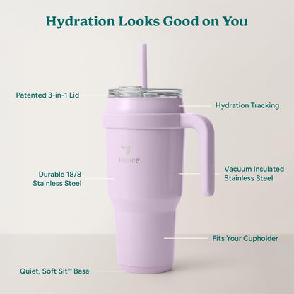 REDUCE 24 oz Stainless Steel Tumbler with Handle - Dual-Wall Vacuum Insulated Travel Mug, Sweat-Proof Lid & Reusable Straw - Keeps Drinks Cold for 24 Hrs, Fits Cupholders, Dishwasher Safe - Lilac Bud